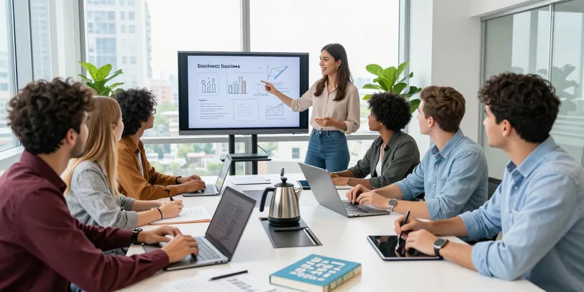 Collaborative workspace at https://www.startsomethingpc.com with entrepreneurs brainstorming innovative business ideas in a vibrant office.