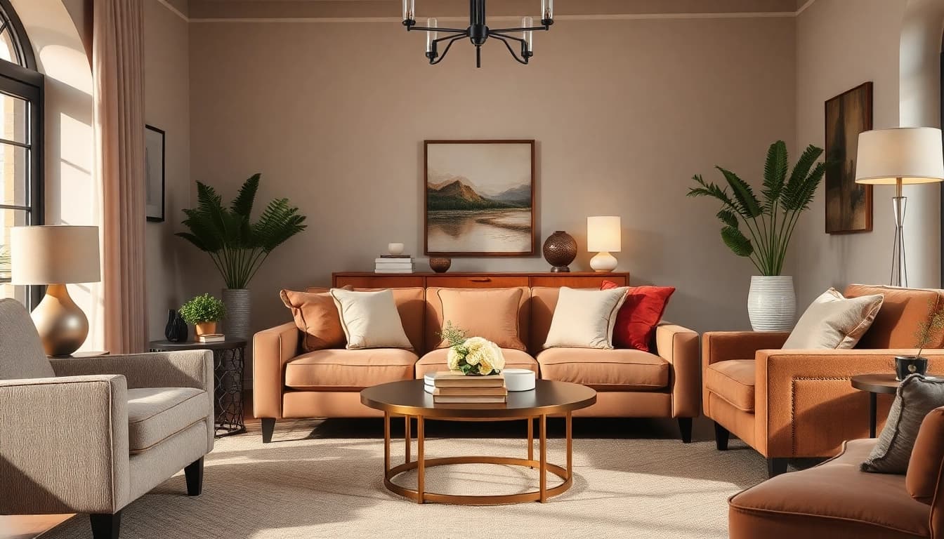 Beeld van een stijlvolle woonkamer met skai leer meubels en decor.