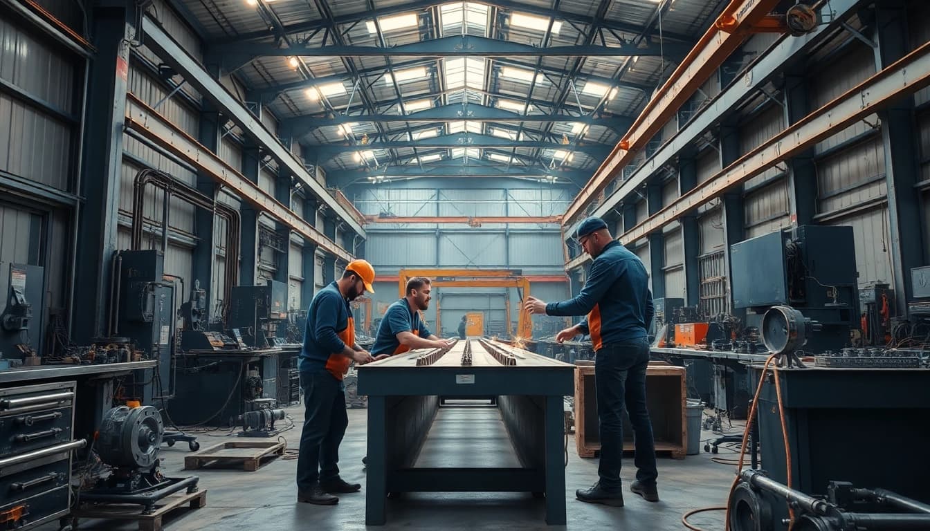 Skilled workers at a steel fabrication shop showcasing a collaborative environment.