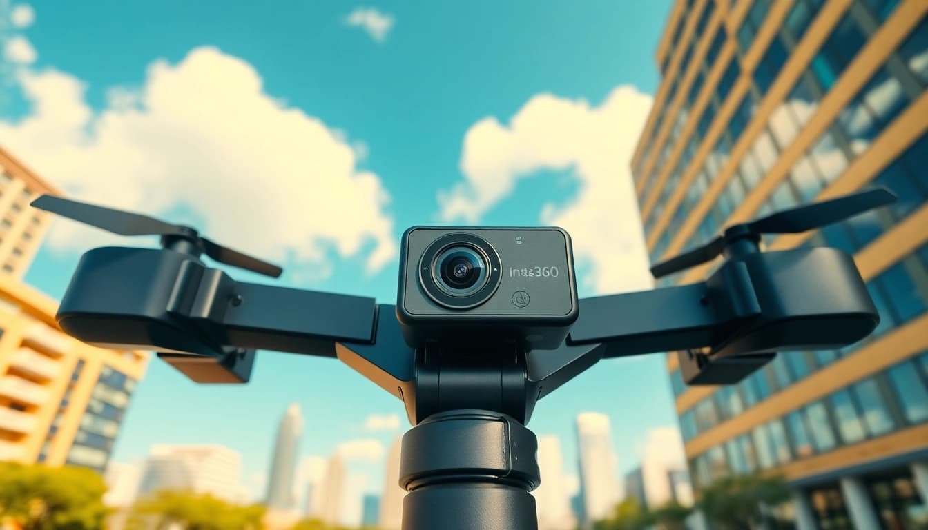Capture stunning 360-degree footage with the insta360 antigravity a1 mounted in an urban landscape.