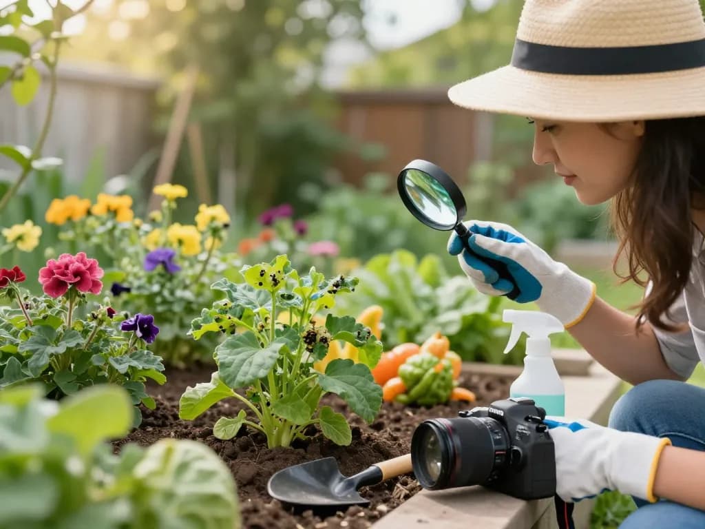 Pest control tips demonstrated in a garden as a homeowner inspects plants for pests using natural methods.