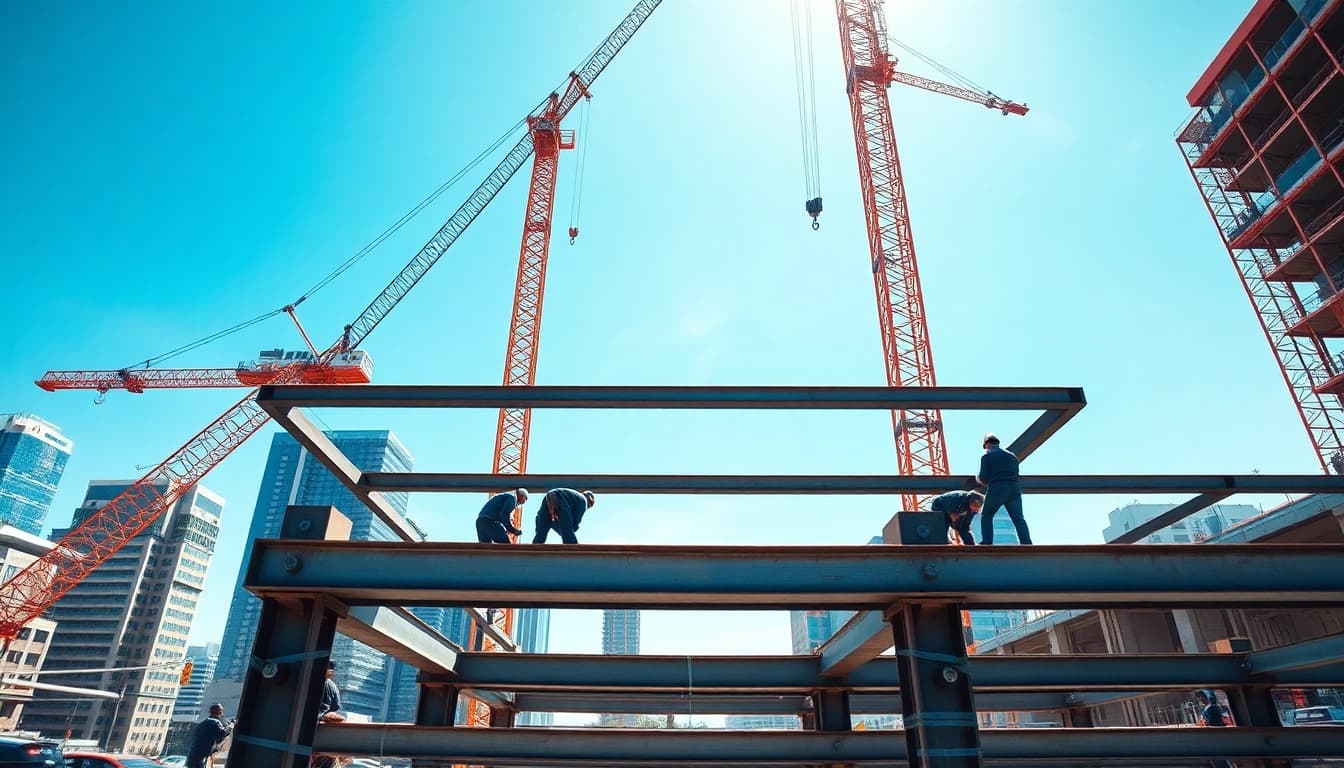 Workers engaged in structural steel construction on a bustling site, showcasing precision and collaboration.