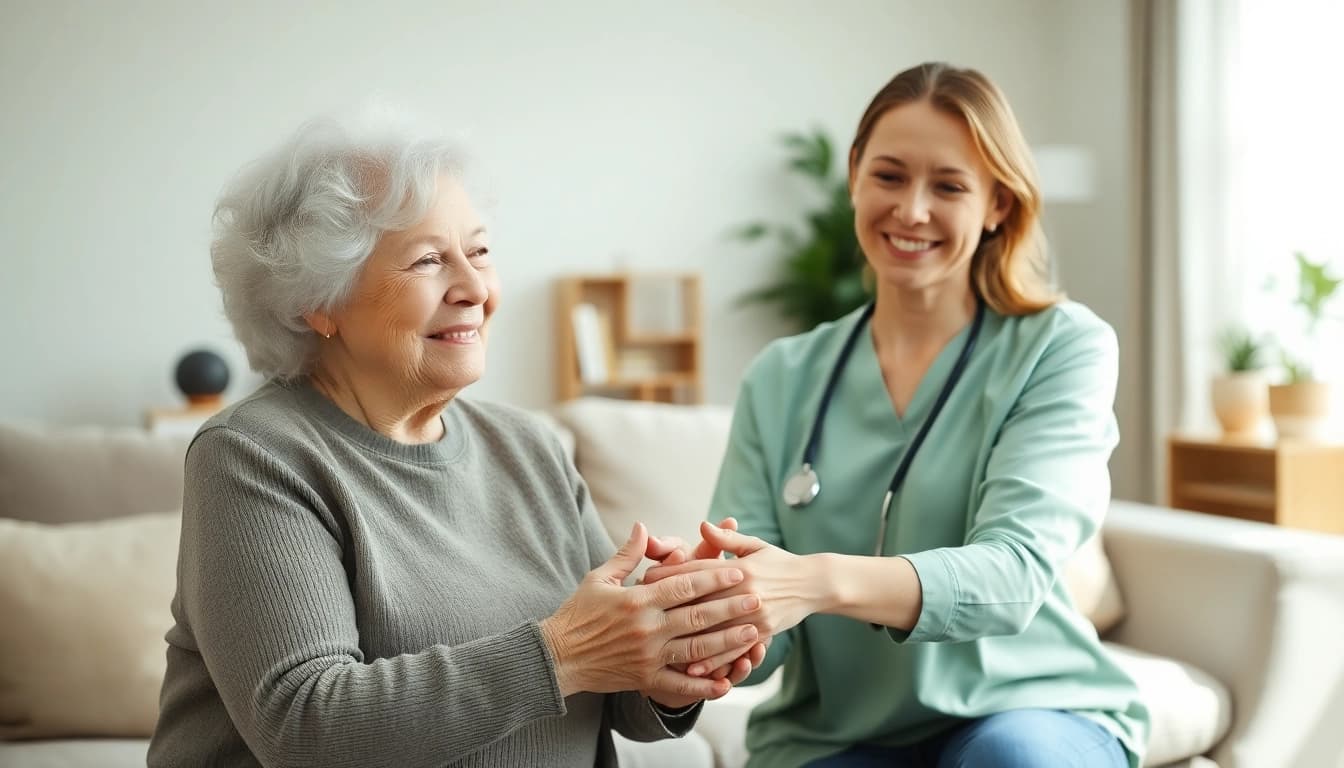 Caring interaction between senior caregivers austin tx and an elderly client in a warm home environment.