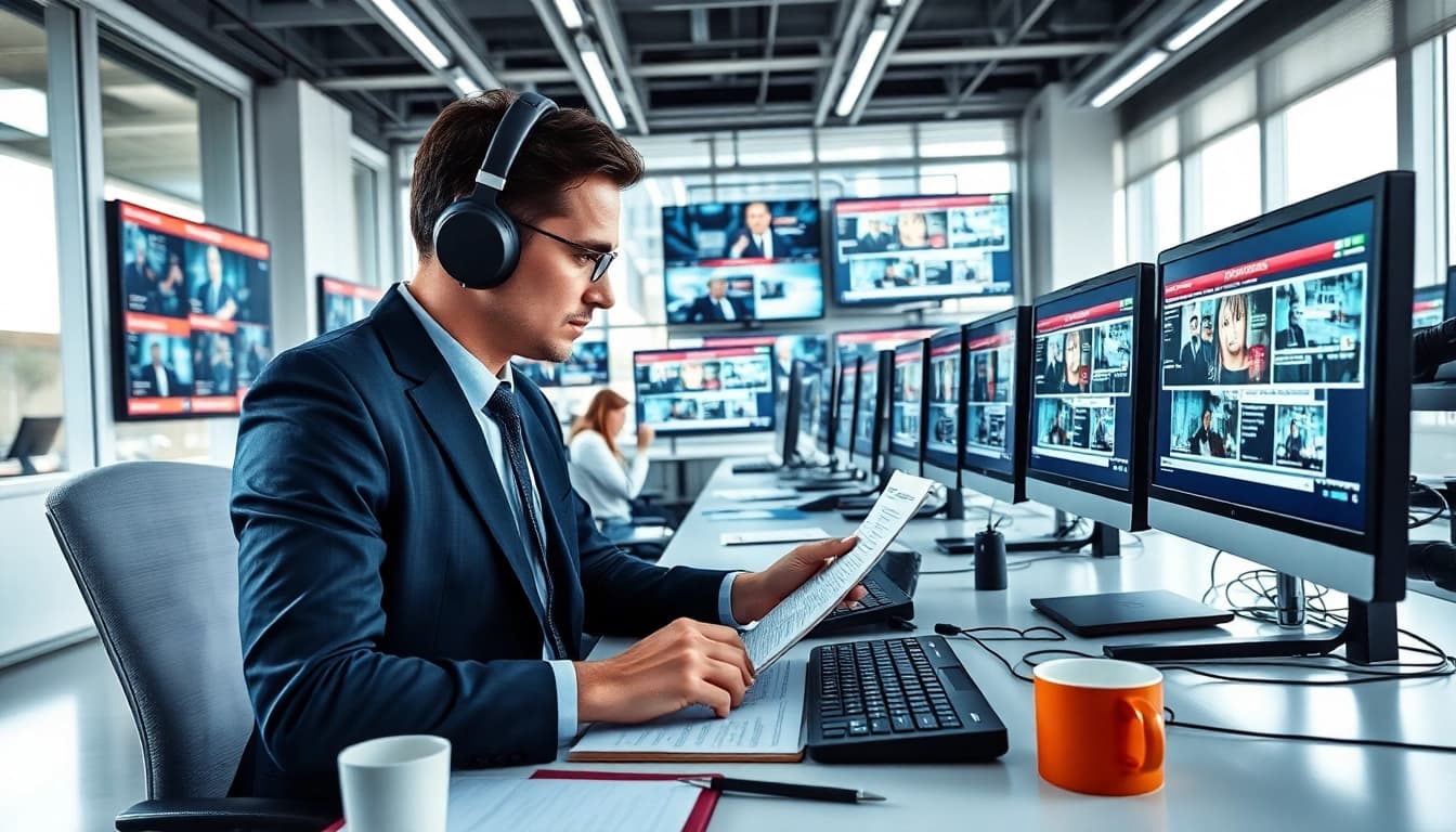 Journalist arranging news articles in a vibrant newsroom filled with technology.