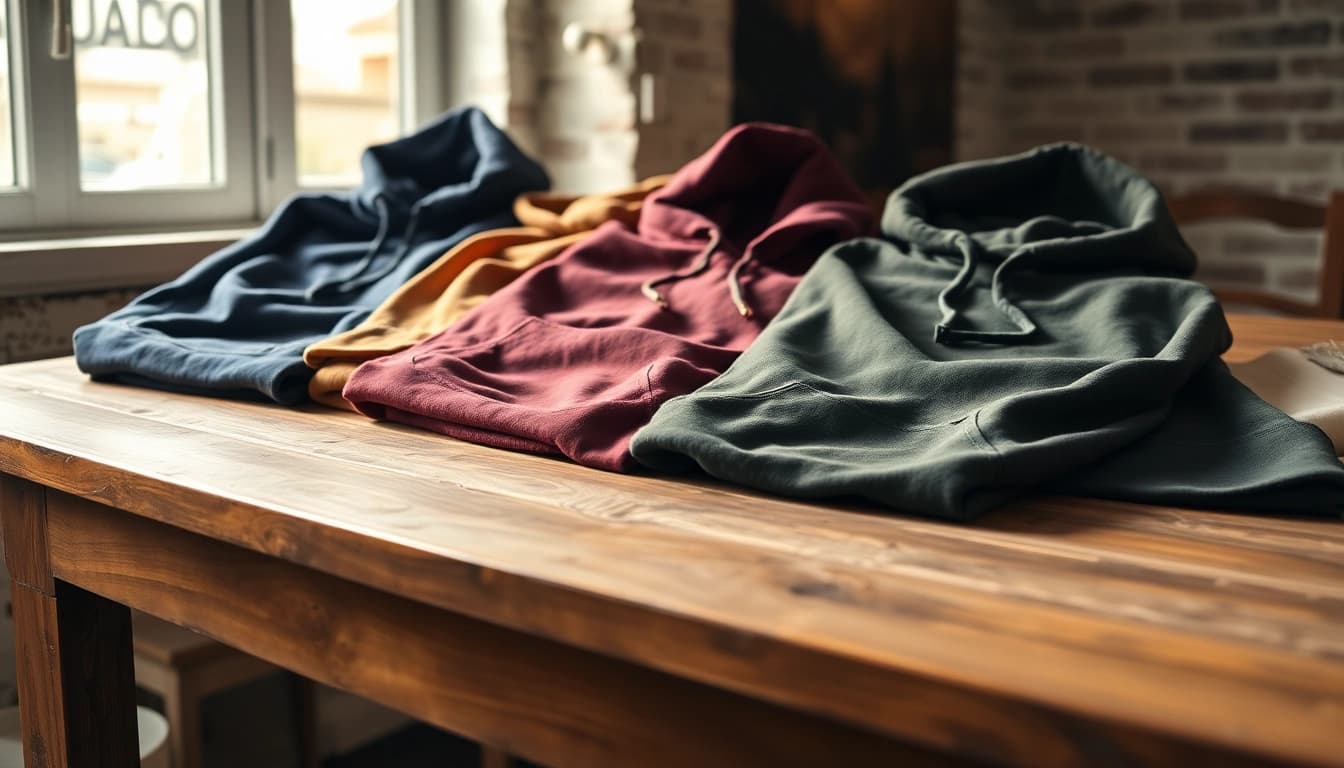 Display of high quality blank hoodies in varied colors on a rustic table.