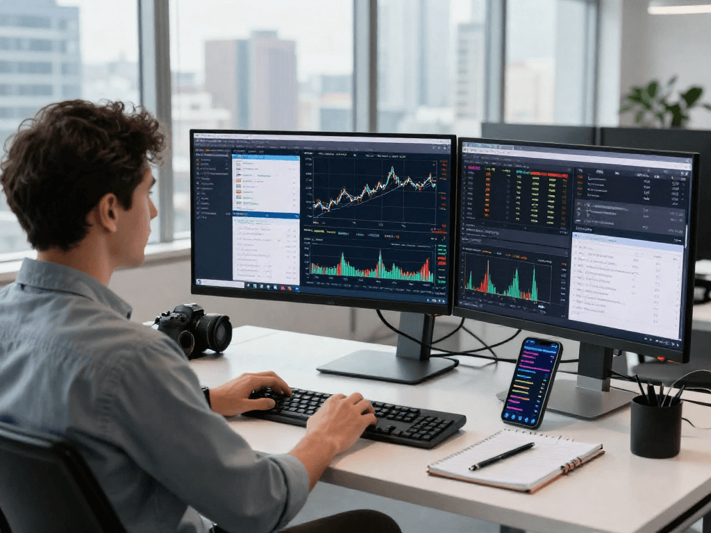 MetaTrader 5 交易平台界面展示，交易者在现代办公环境中专注交易，展现多重金融图表与市场深度。