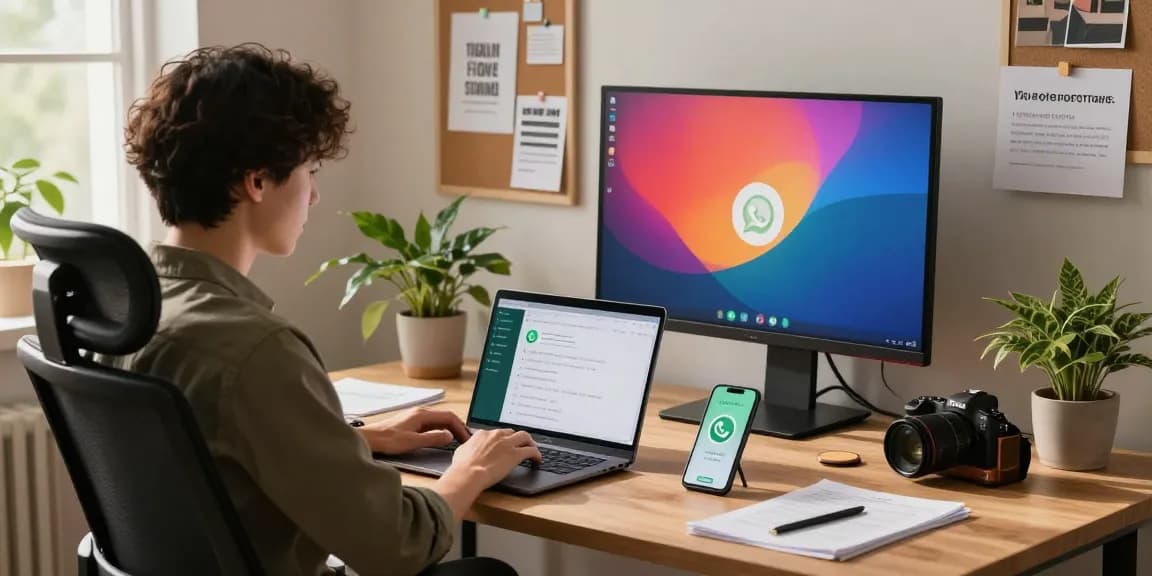 Engaging home office with WhatsApp電腦版 being used on a laptop, showcasing productivity and modern tech.