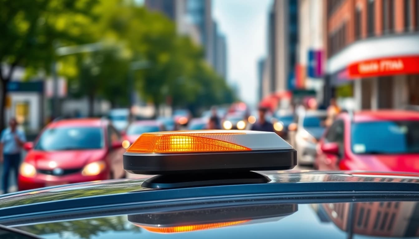 Warnleuchte V16 auf dem Autodach in leuchtendem Gelb-Orange, um Sicherheit zu gewährleisten.