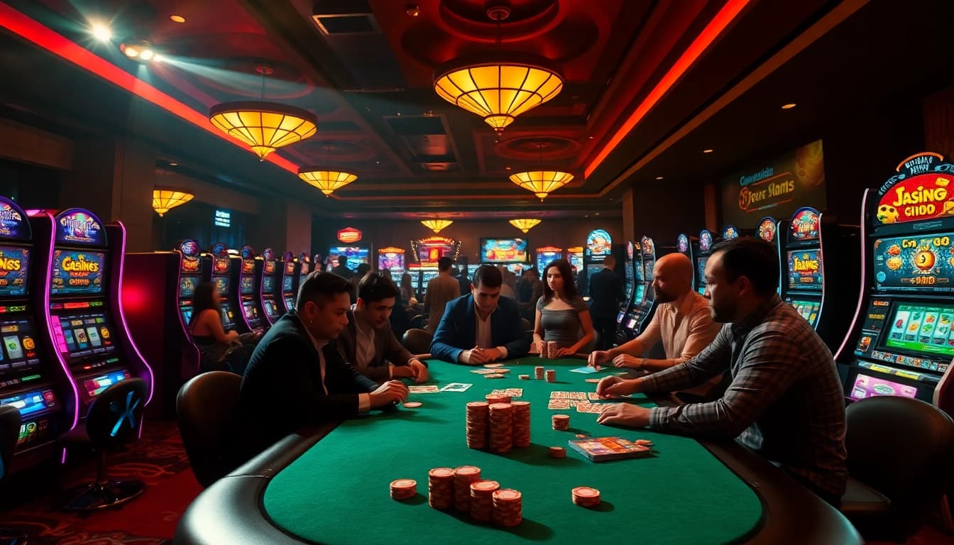 Exciting scene at nhà cái jun88 casino with players at a poker table, vibrant slot machines lighting up the atmosphere.