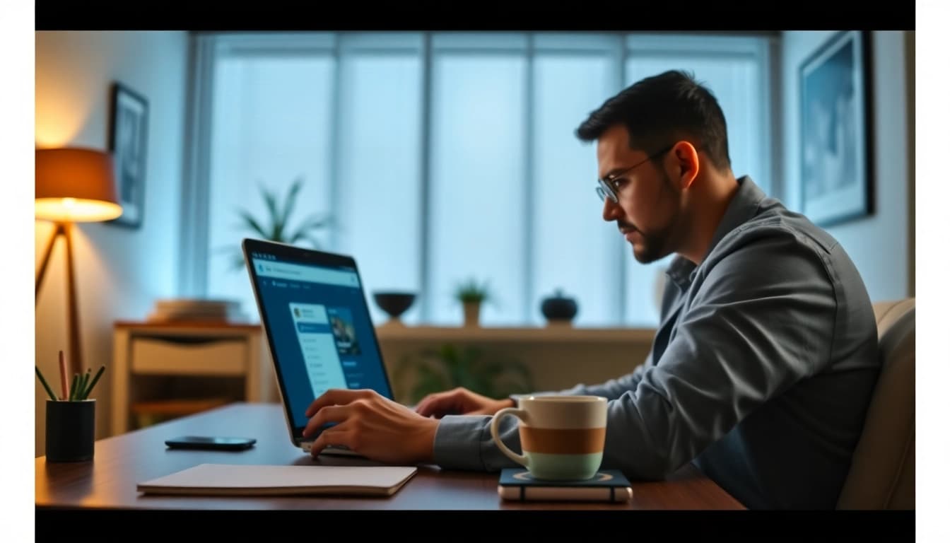 Searching OnlyFans profiles with a user-focused on a laptop in a modern workspace.