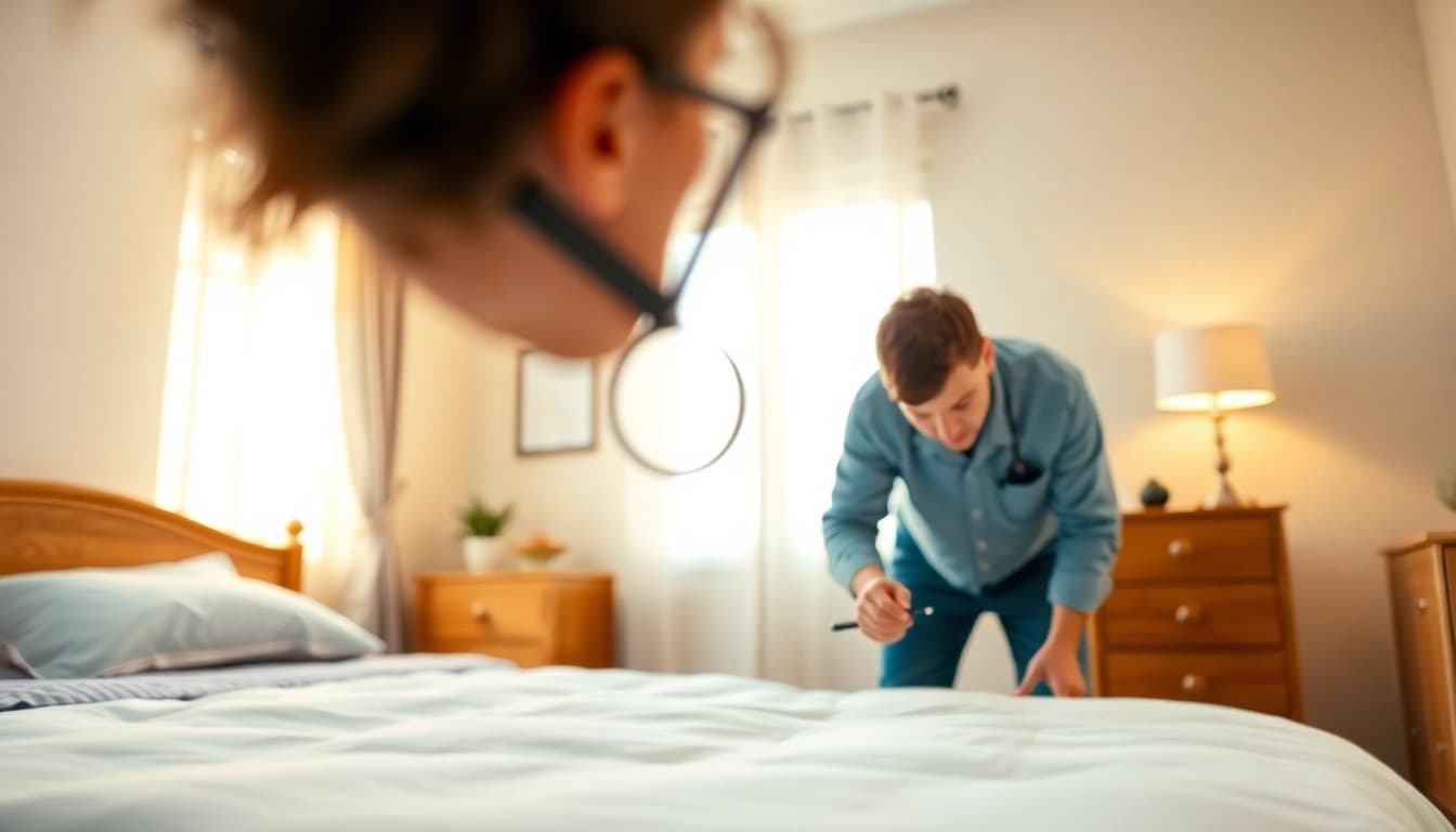 Technician conducts bed bug control inspection in a well-arranged bedroom environment.