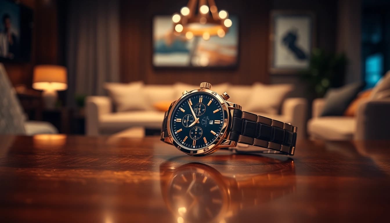 Admire the intricate details of a luxurious replica watch on a polished wooden surface.