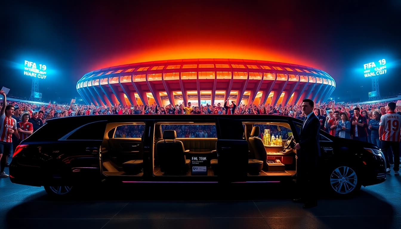 World Cup Group Transportation service featuring a luxurious limousine at a FIFA World Cup stadium with stylish interiors and vibrant city lights.
