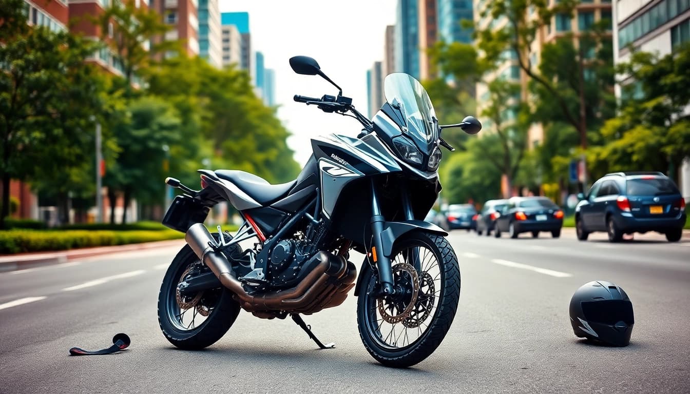View a rugged dual sport street legal motorcycles navigating city streets.