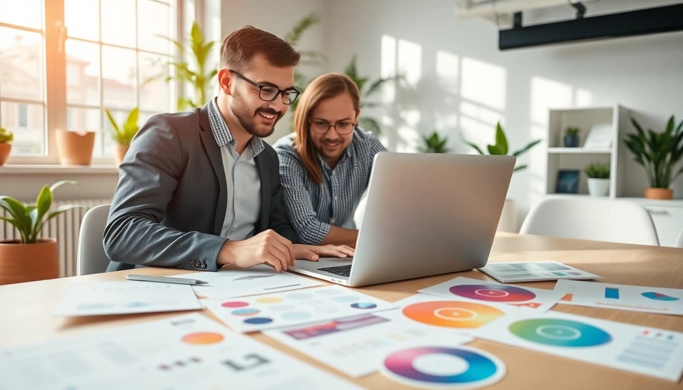 Effizientes Webdesign Braunschweig im modernen Büro mit kreativen Team und Laptop.