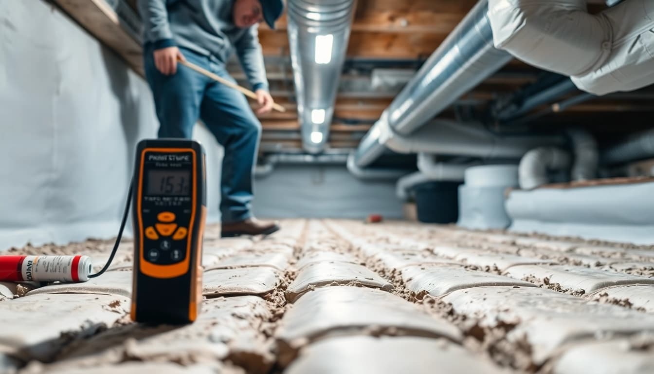 Crawl Space Restoration by a professional in a clean, bright underfloor setting with new vapor barriers.