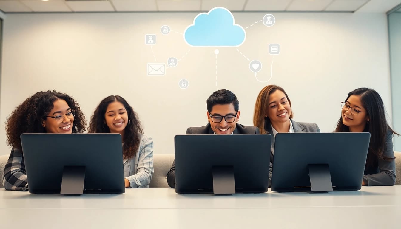 Team members utilizing a cloud based phone system in a modern office setting.