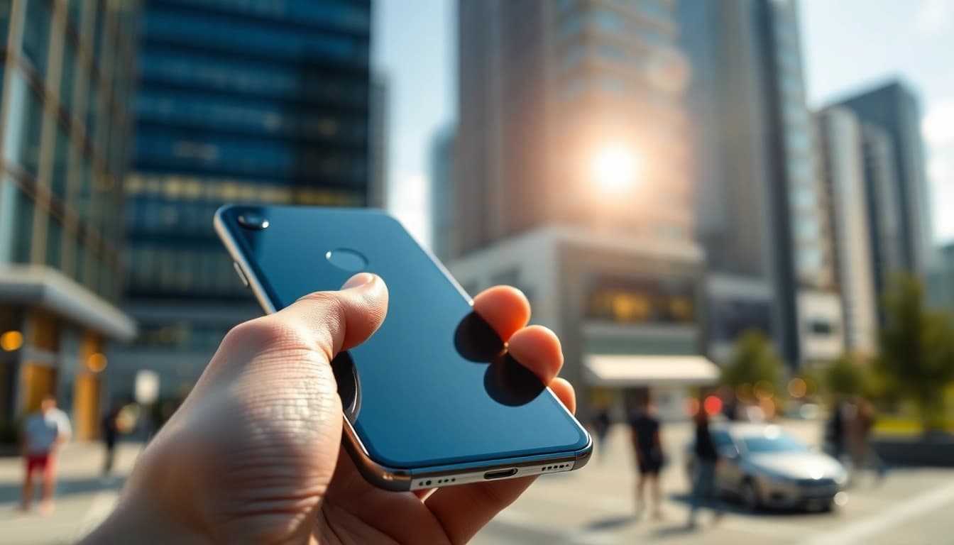 Drożeją smartfony na tle nowoczesnego miasta z innowacyjnymi cechami.
