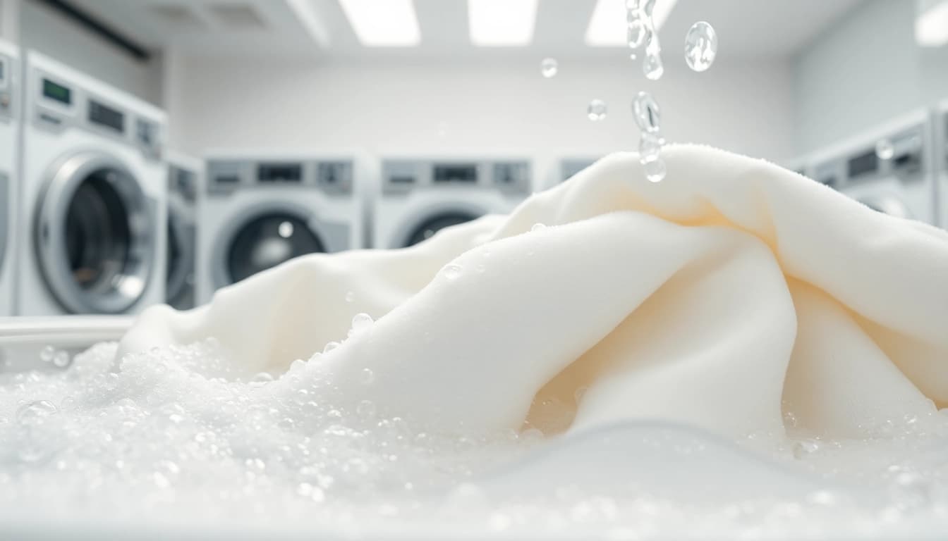 Katoen stof wassen proces naadloos uitgevoerd in een frisse en schone wasruimte.