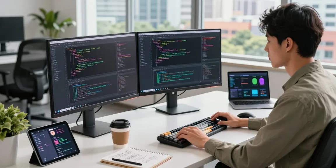 Developer in a modern workspace generating ai prompt images while coding.