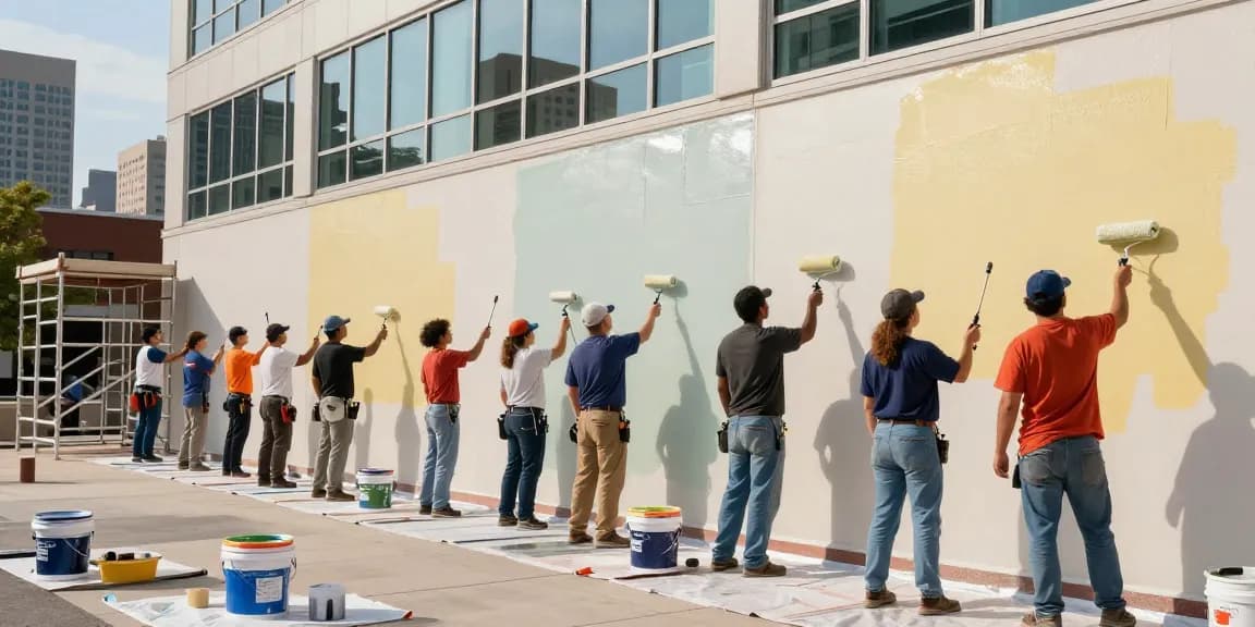 Commercial painting contractors Columbus Ohio applying fresh paint to a large office building in a vibrant urban setting.