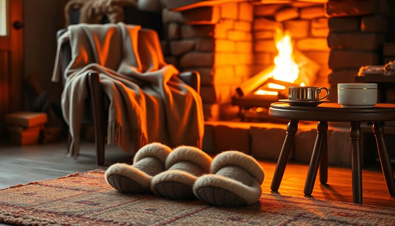 Cozy Foot Warmers beside a warm fireplace in a serene, inviting setting.