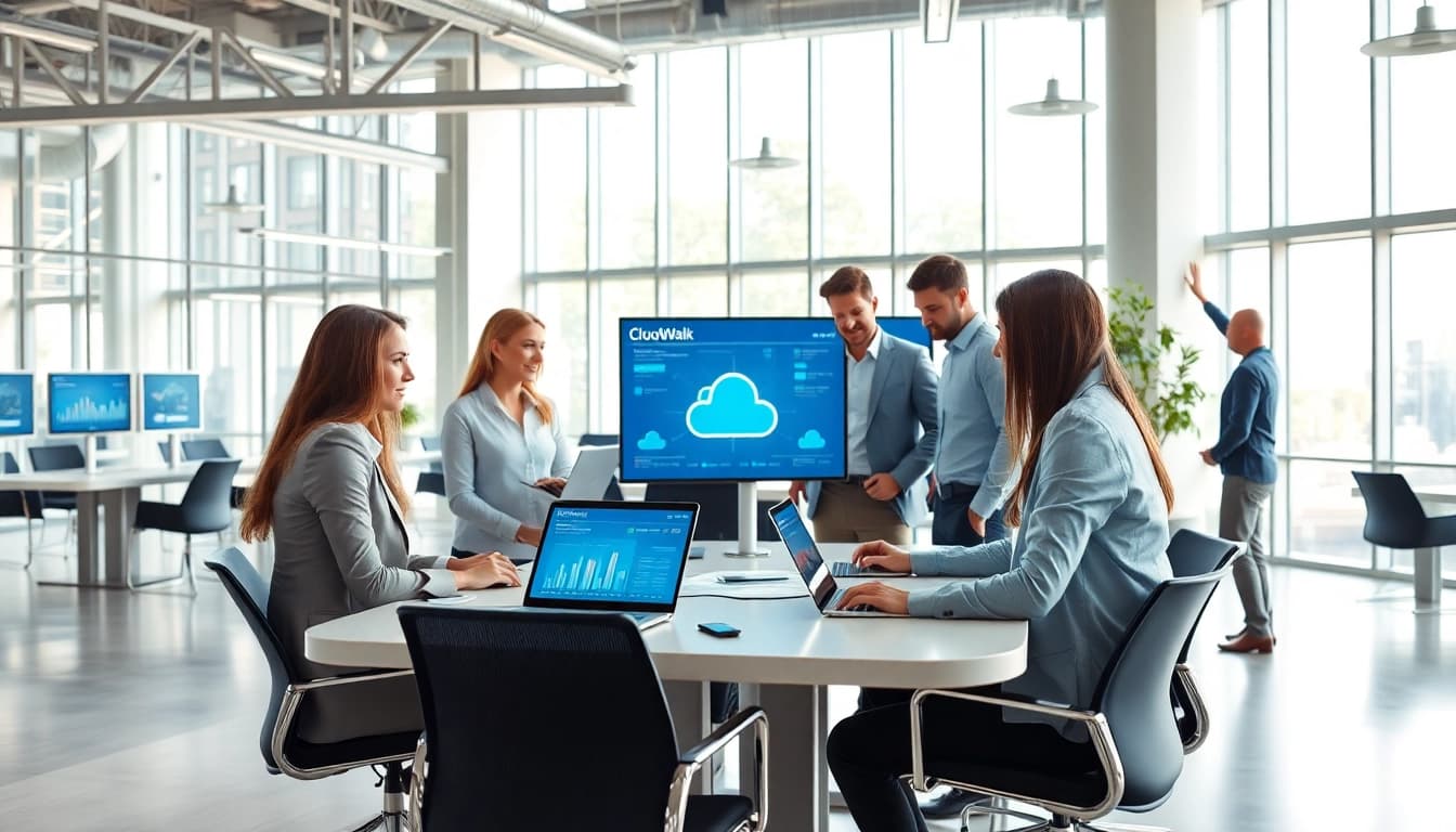 Illustration of CloudWalk Technology collaboration in a modern office setting, showcasing teamwork and innovation.