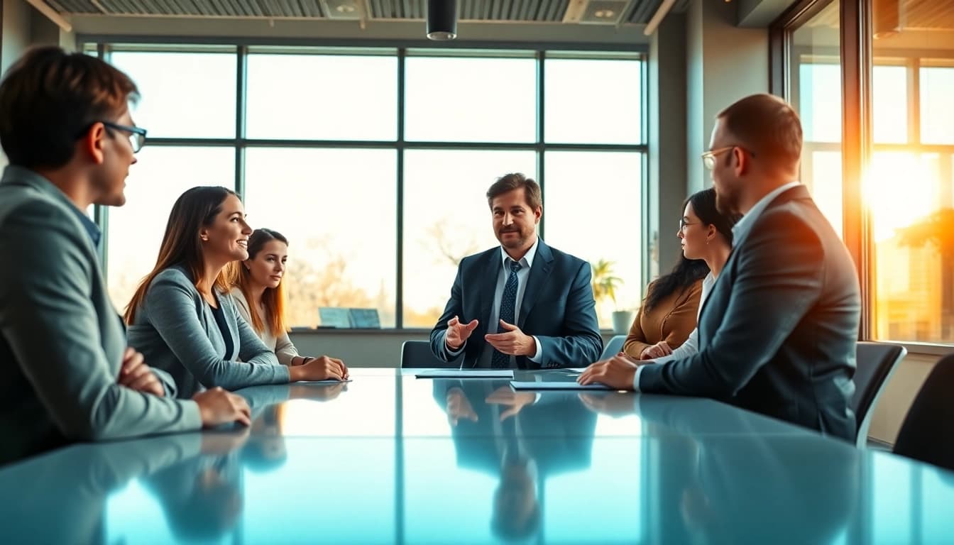 Showcasing founder leadership insights, a confident business leader engages with their diverse team in a modern office.
