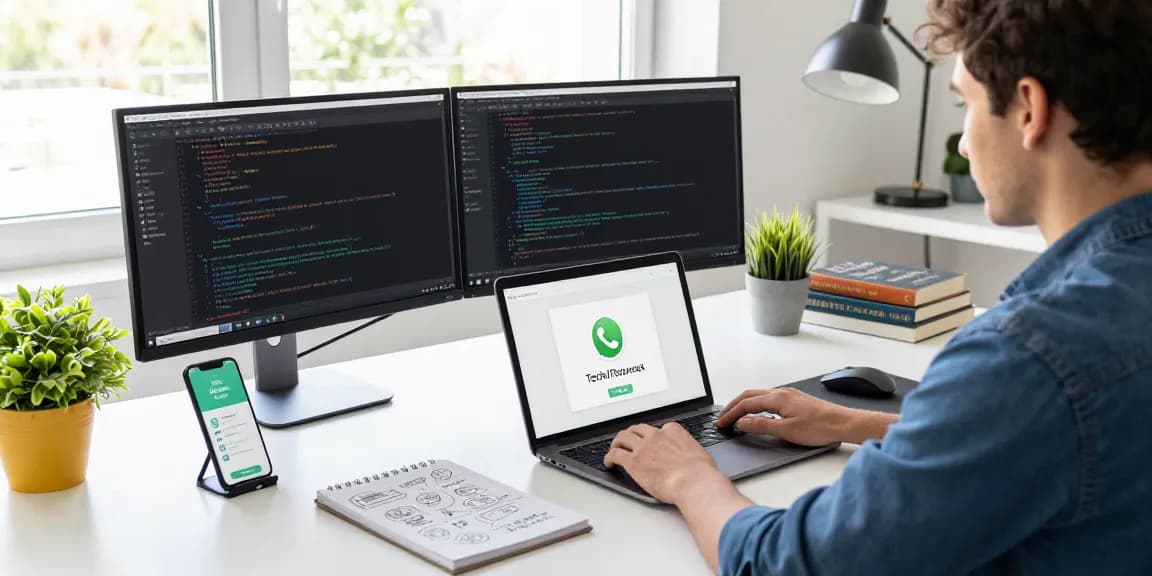 Professional using WhatsApp電腦版 on laptop in a modern workspace