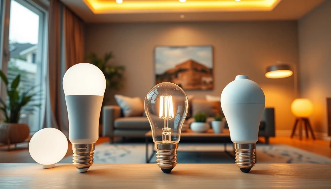 Bright and warm a19 light bulbs illuminating a modern living room atmosphere.