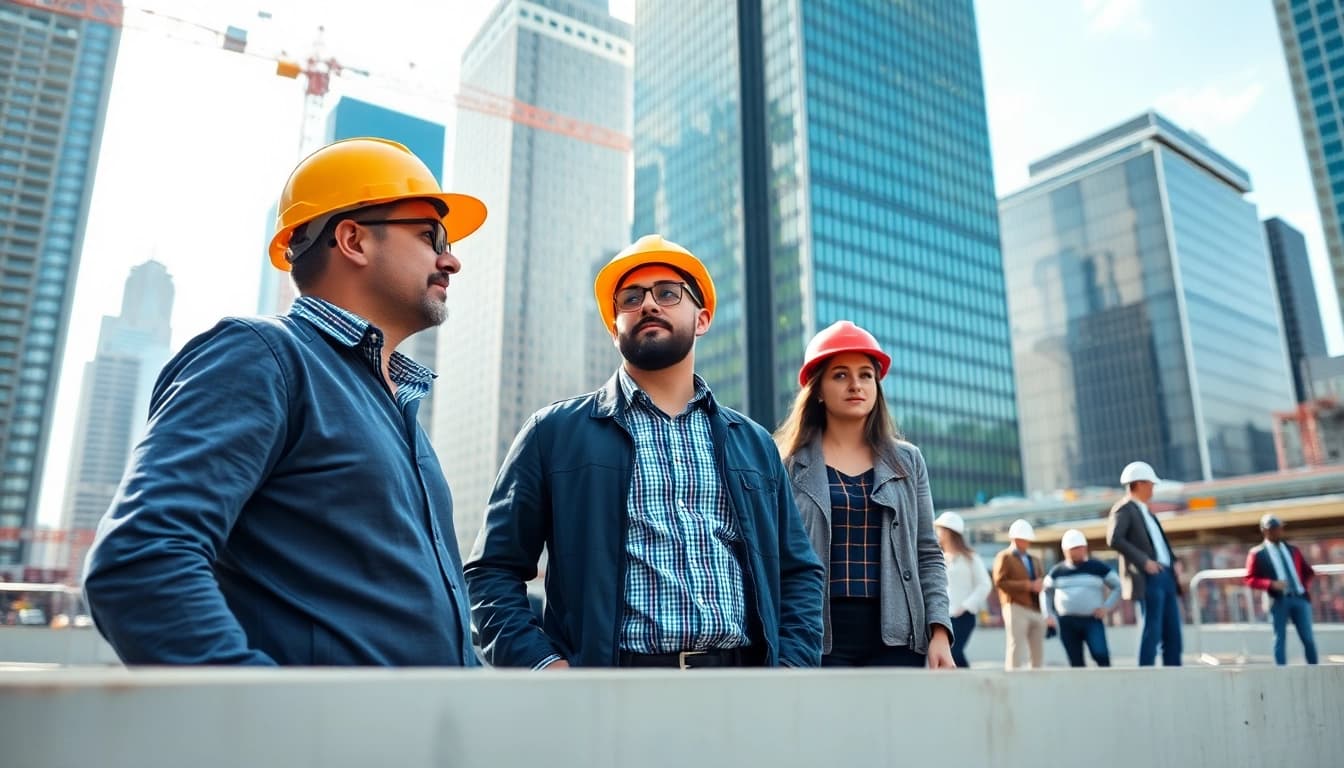 Skilled New York City Construction Manager guiding a project with a team in a dynamic city background.