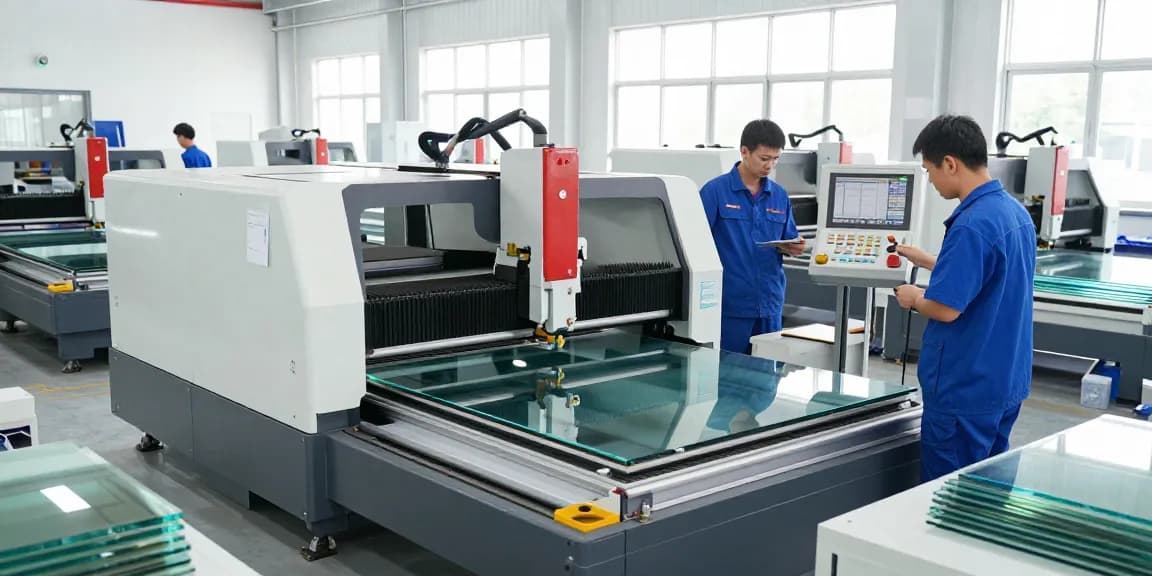 CNC cutting machine glass in a modern processing facility with technicians inspecting equipment.