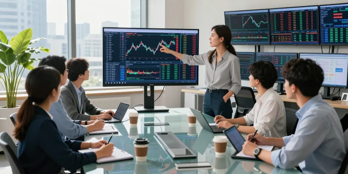 Team analyzing real time market data in a modern financial office setting.