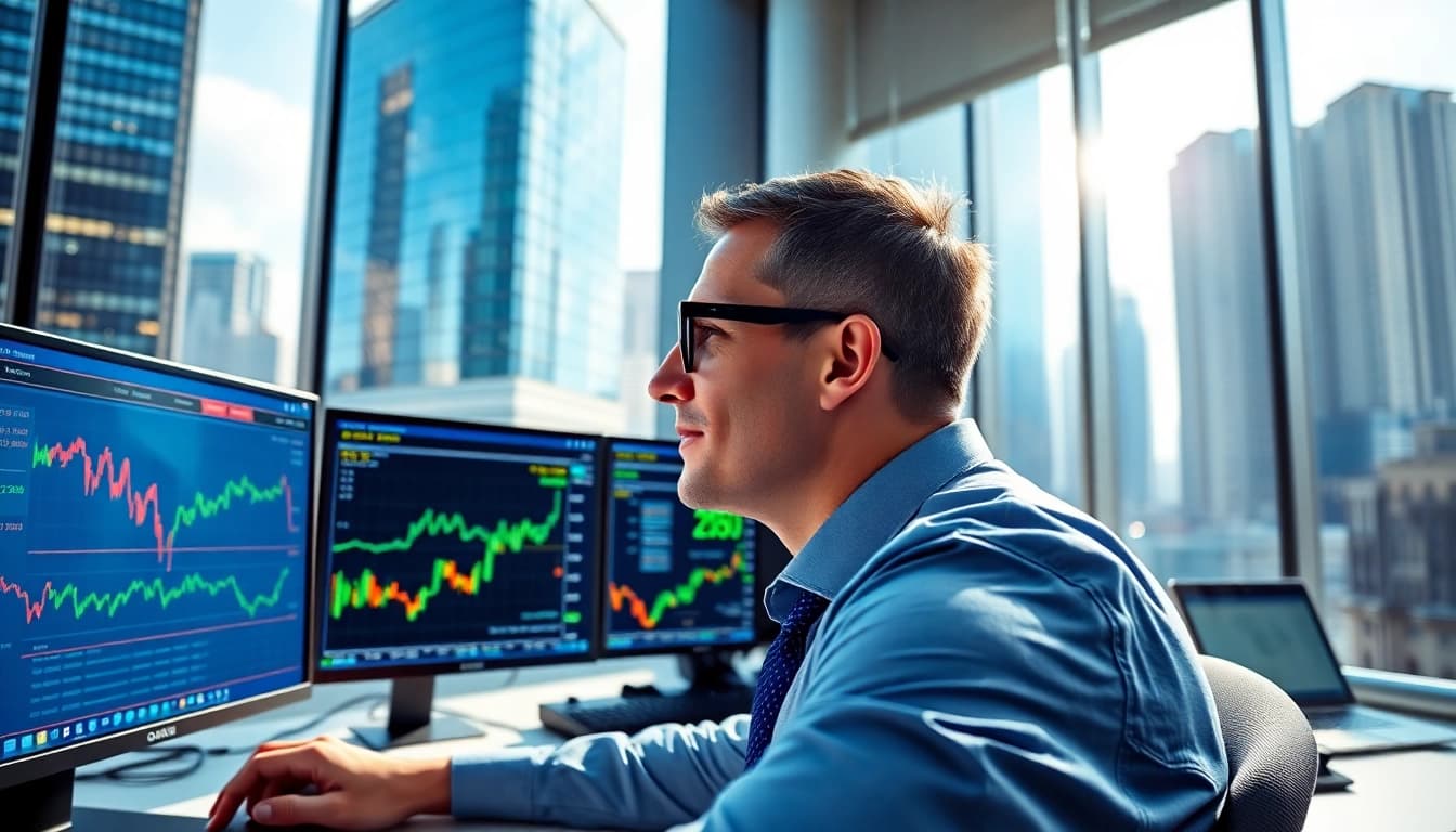 Start stock trading Saudi Arabia with a professional trader analyzing financial data in a bustling office.