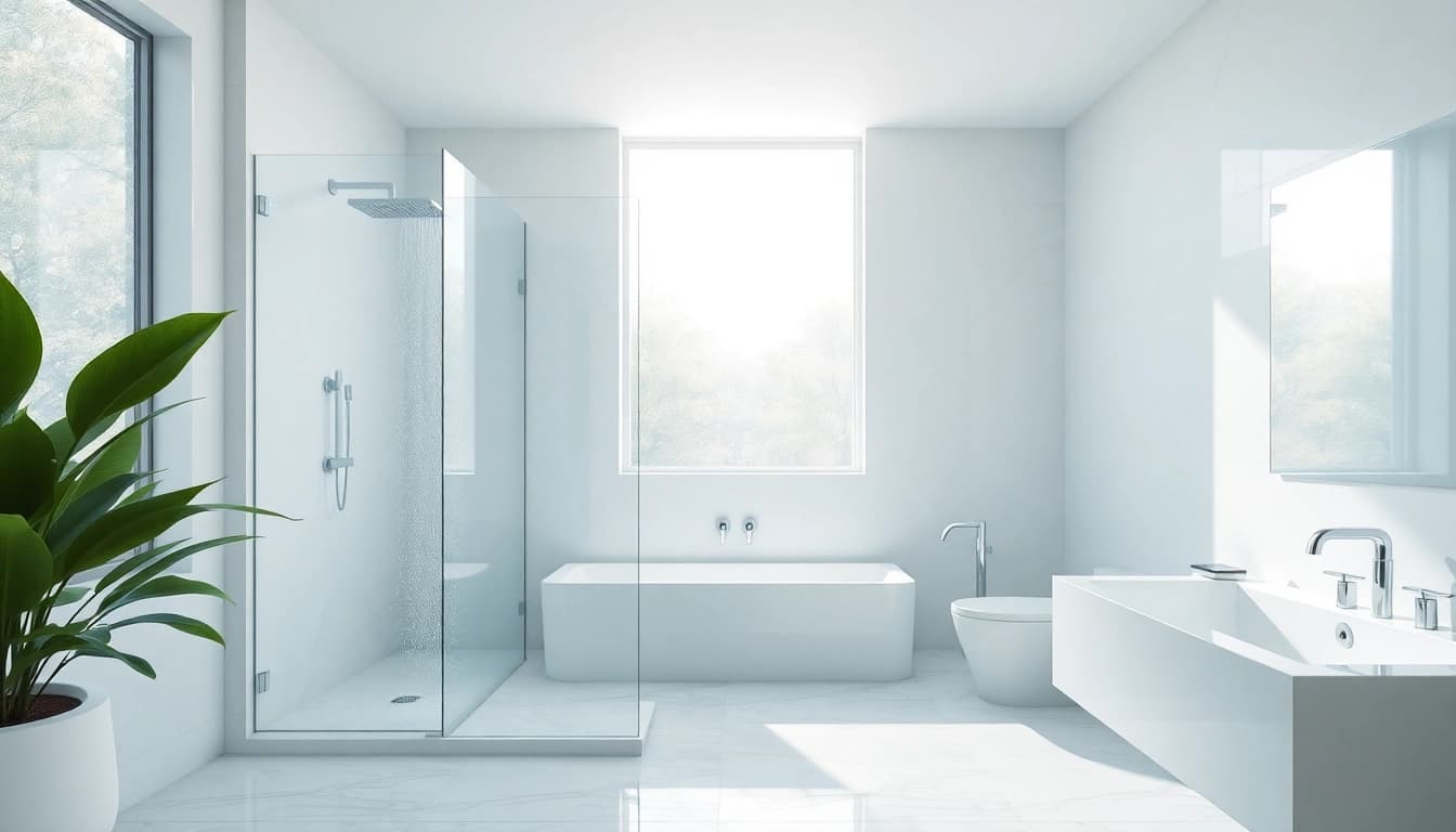 Experience elegant showers in a luxurious bathroom with natural lighting and minimalist decor.