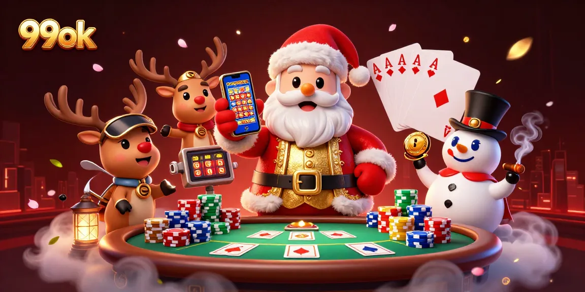 Win big with 99ok at the exciting casino scene featuring festive characters.
