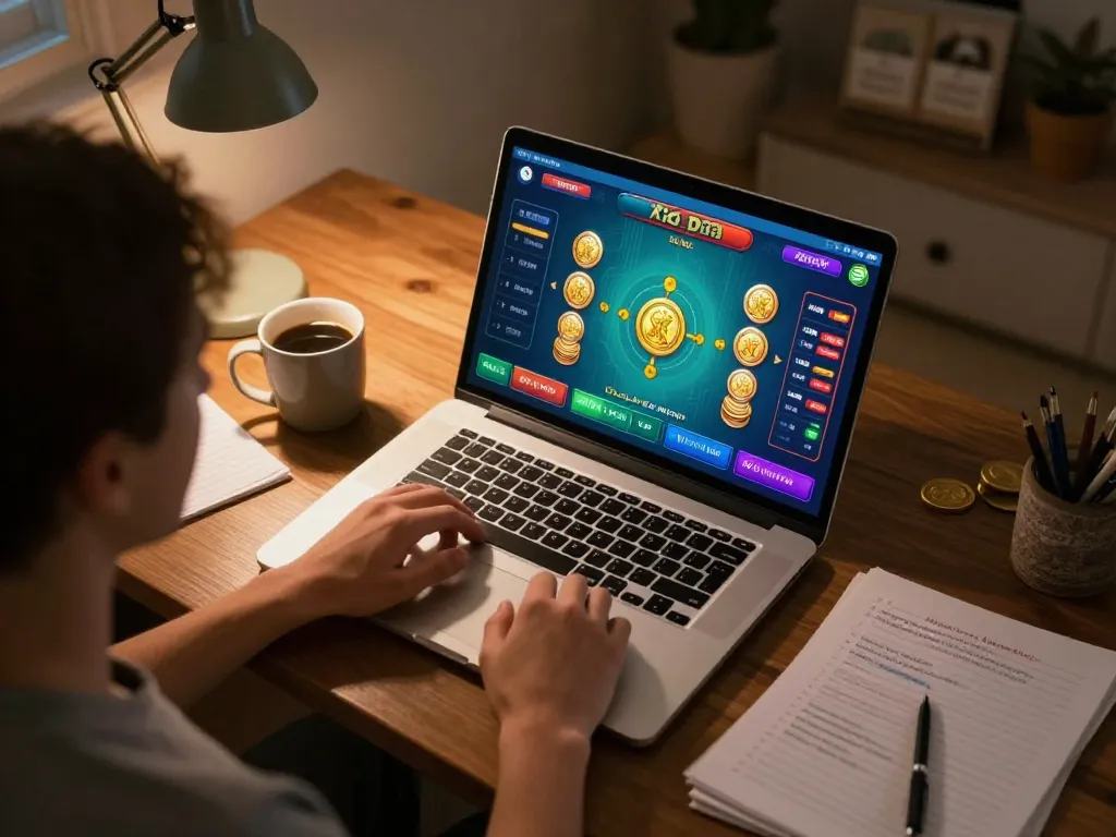 Xóc đĩa gameplay on a laptop with personalized strategy notes in a cozy home setting