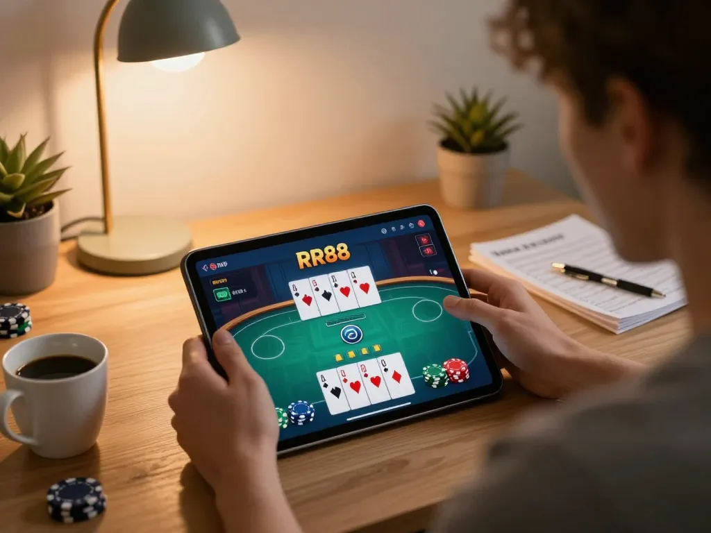 Engaging gameplay on RR88 App showcases strategic poker decisions in a cozy home setup.