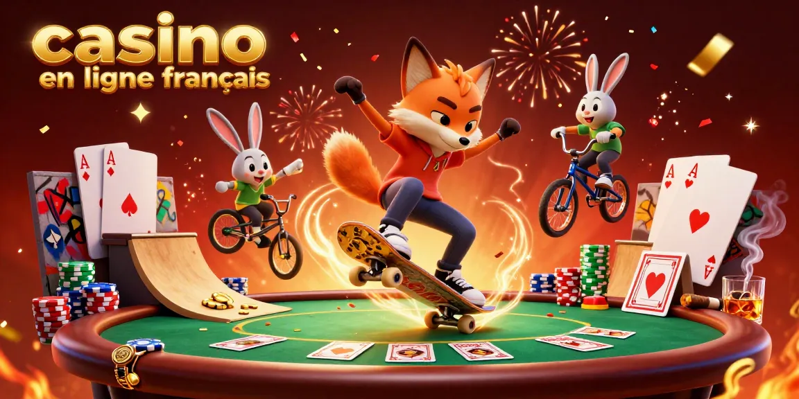 Scène engageante d'un renard patineur en 3D et d'un lapin BMX célébrant dans un casino en ligne français avec des jetons de poker et des cartes.