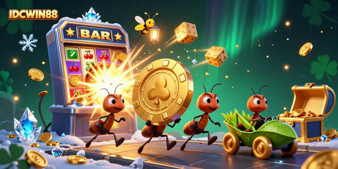 Experience IDCWIN88's thrilling heist scene with ants, a grasshopper, and dazzling slot elements.