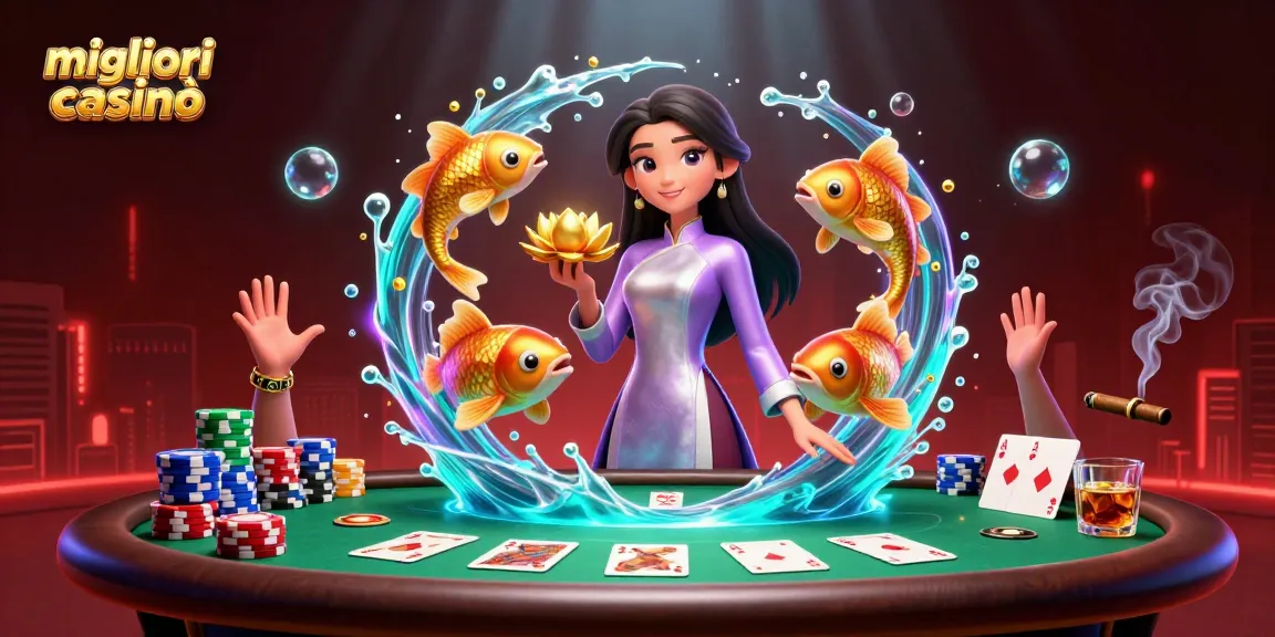 Catturare momenti straordinari nei migliori casinò online con una sontuosa scena 3D di una donna, pesci koi e elementi di poker in un vivace ambiente da casinò.
