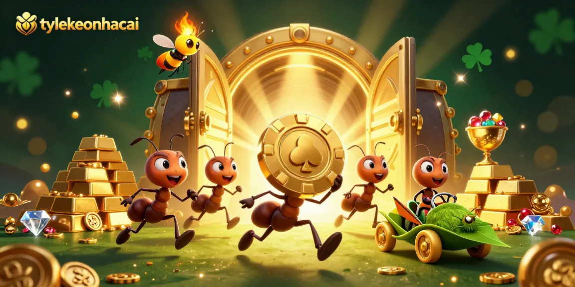 Ants executing a heist carrying a giant poker chip while the firefly lookout keeps watch, representing tylekeonhacai.