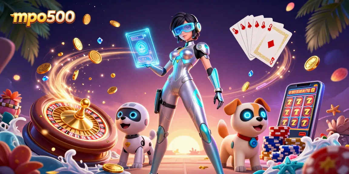 MPO500 offers thrilling gaming experiences with vibrant elements like slot machines and poker chips in a dynamic casino scene.