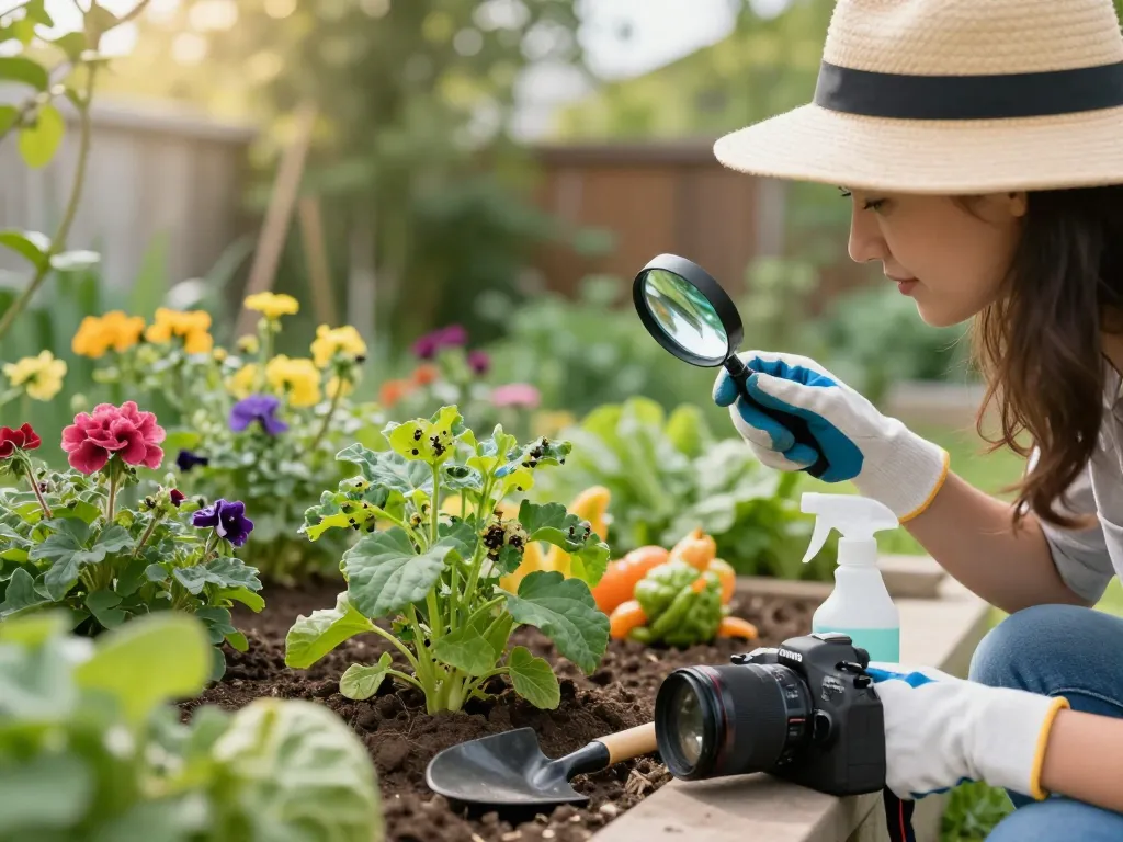 Pest control tips demonstrated in a garden as a homeowner inspects plants for pests using natural methods.