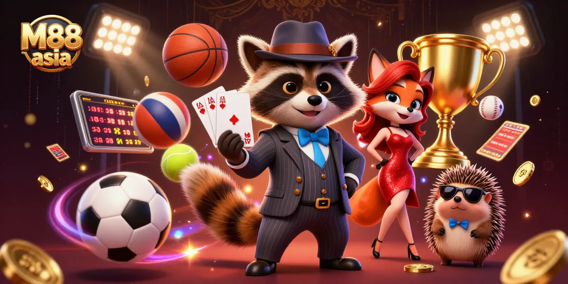 Experience the thrill of M88 asia with a vibrant cartoon scene showcasing sports betting excitement and casino charm.
