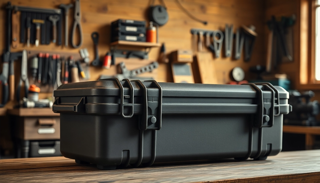 A high-quality pelican rifle case displayed prominently on a workbench, showcasing its rugged features.