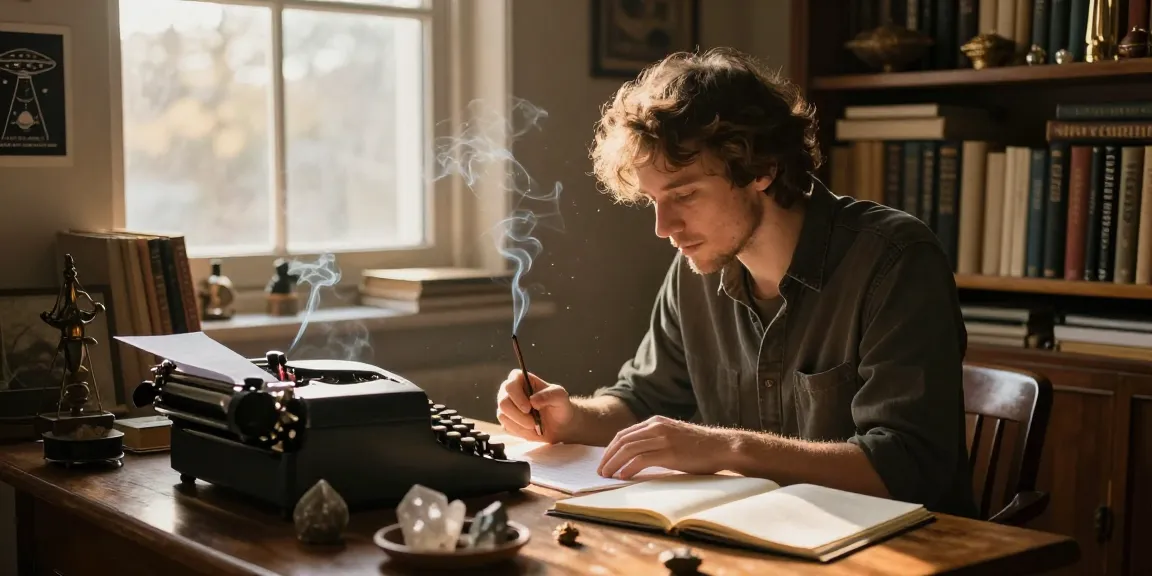 T Allen Greenfield writing at his desk surrounded by spiritual and UFO-themed items, showcasing insights from https://tallengreenfield.com.