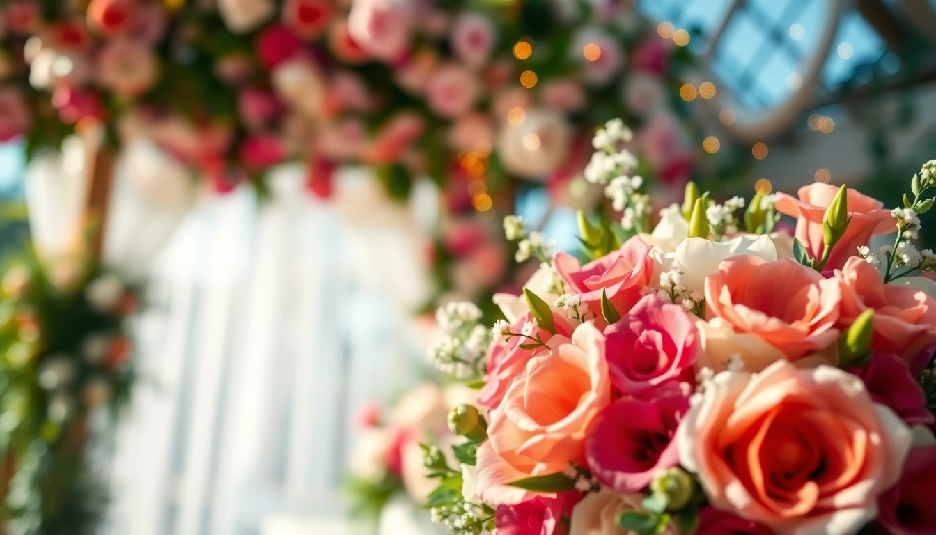 Elegant wedding flowers bridal bouquet surrounded by soft garden blooms outdoors.