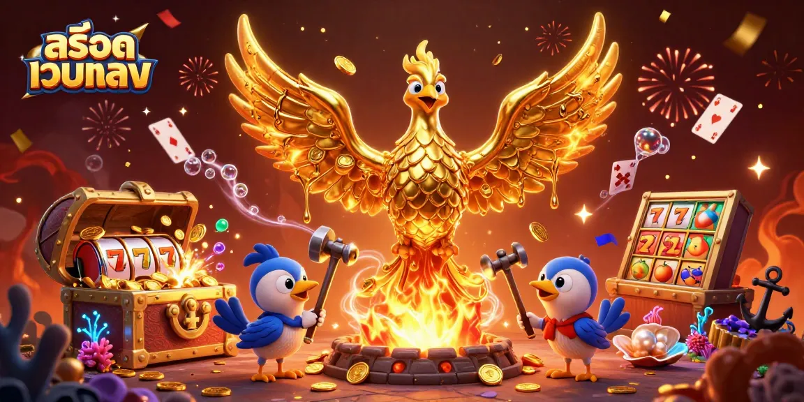 Experience the thrill of สล็อตเว็บตรง with golden phoenix, slot reels, and treasure in this vibrant illustration.