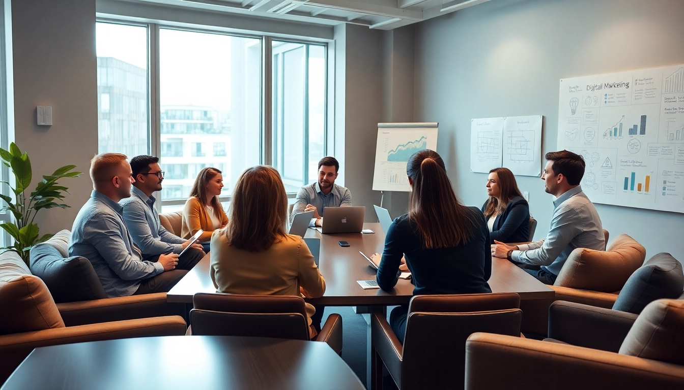 Team collaboration in a digital marketing company setting with discussions and laptops.